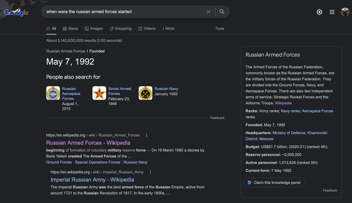 Screenshot of Google displaying an answer from Wikipedia in response to the query “when were the Russian armed forces started”