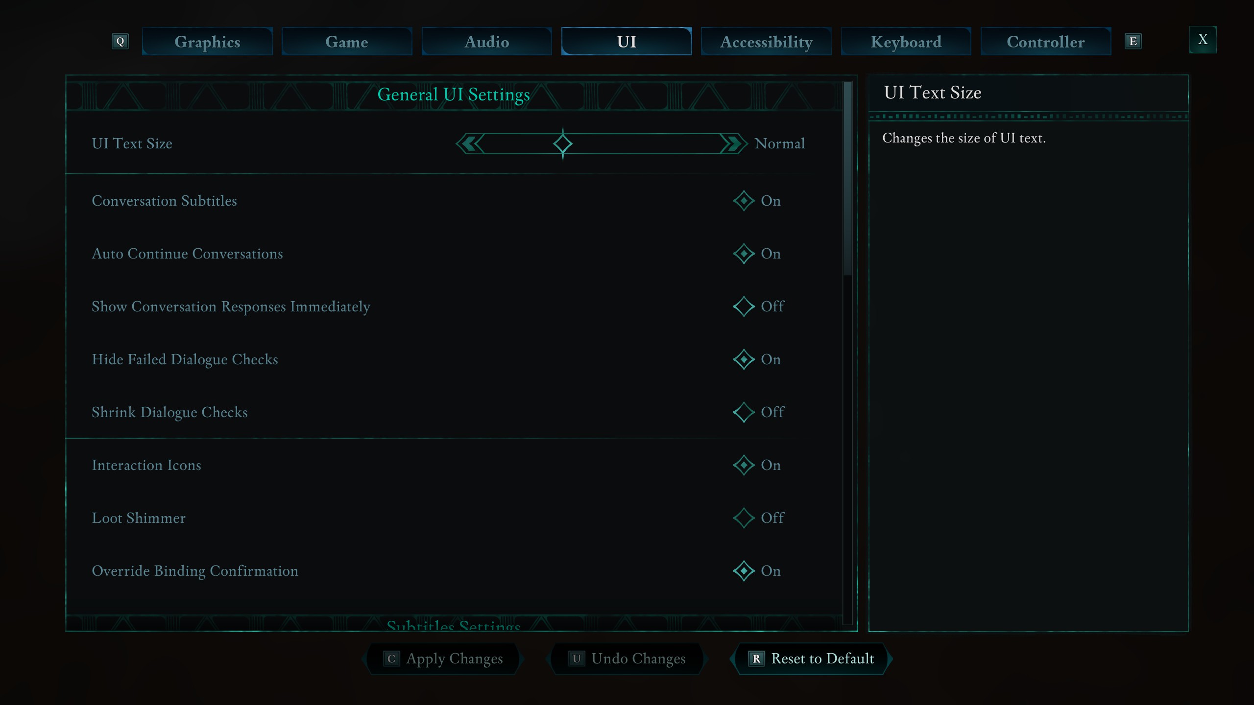 Avowed UI options menus